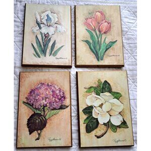 Set of 4 Floral Watercolor Resin Wall Tiles Signed Peggy Abrams